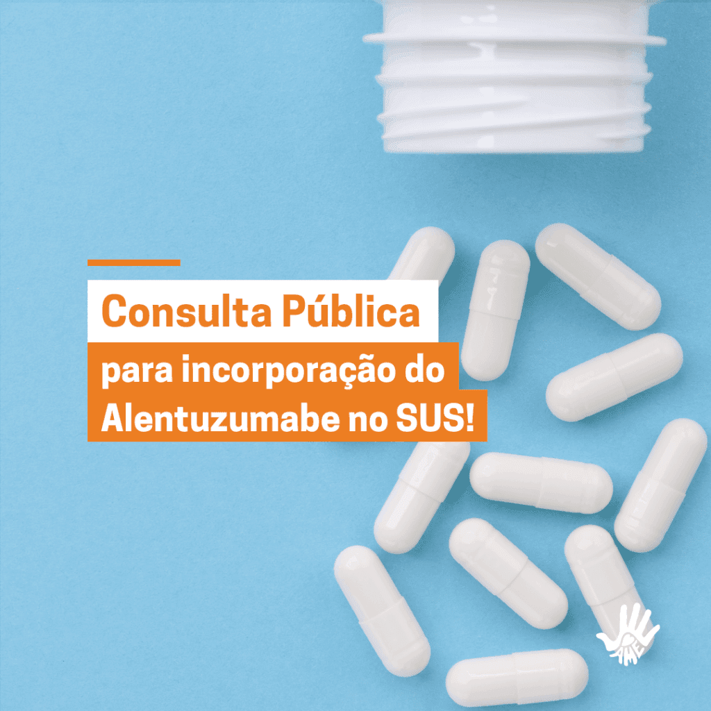Dez pílulas brancas em cima de uma superfície azul. À esquerda, o texto: "Consulta Pública para incorporação do Alentuzumabe no SUS".